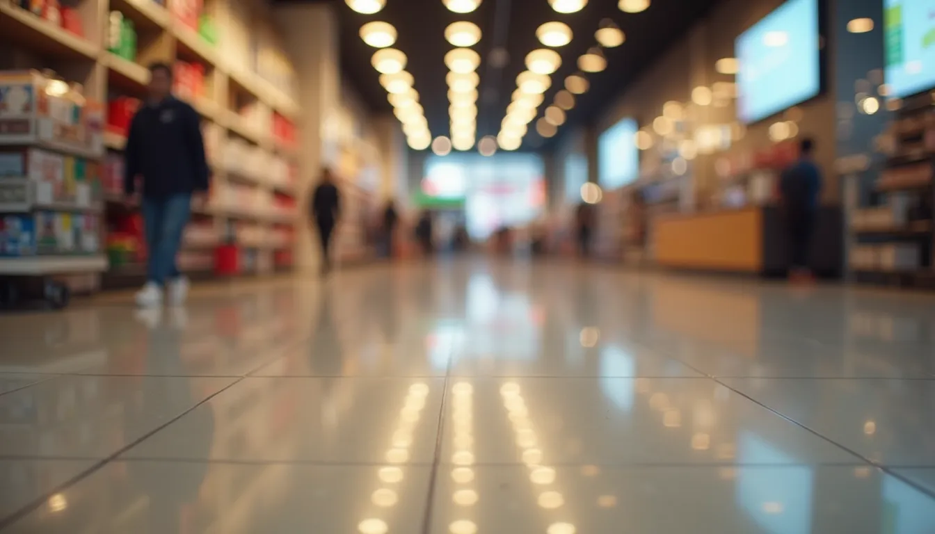 Close-up view of polished retail store floor reflecting store lights