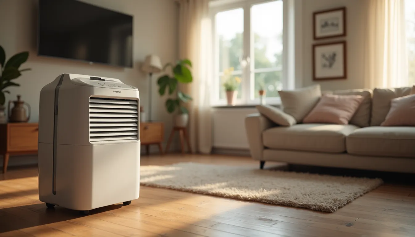 High angle view of a dehumidifier in a cozy living room