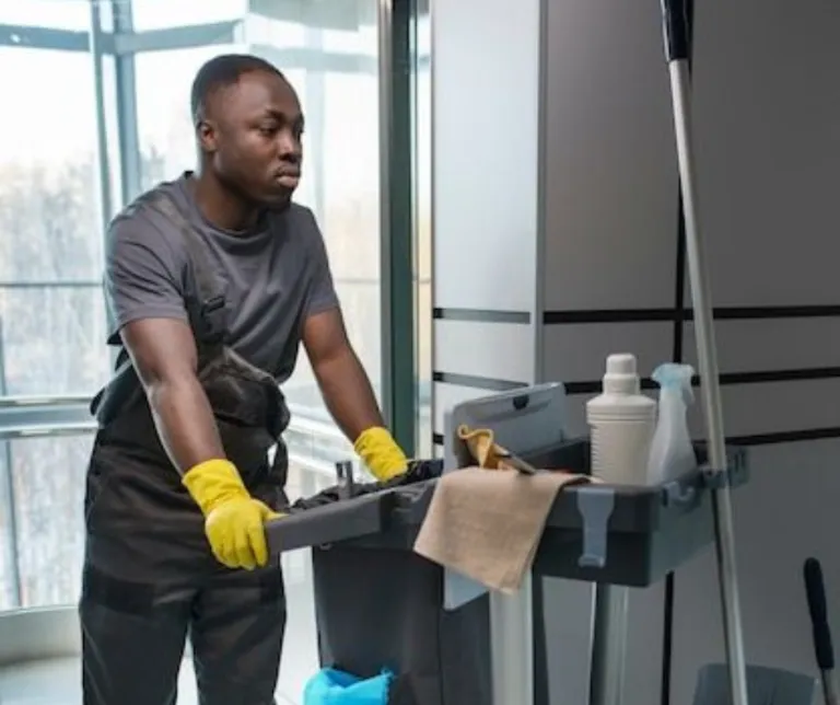 Office cleaner pusing trolley with cleaning supplies