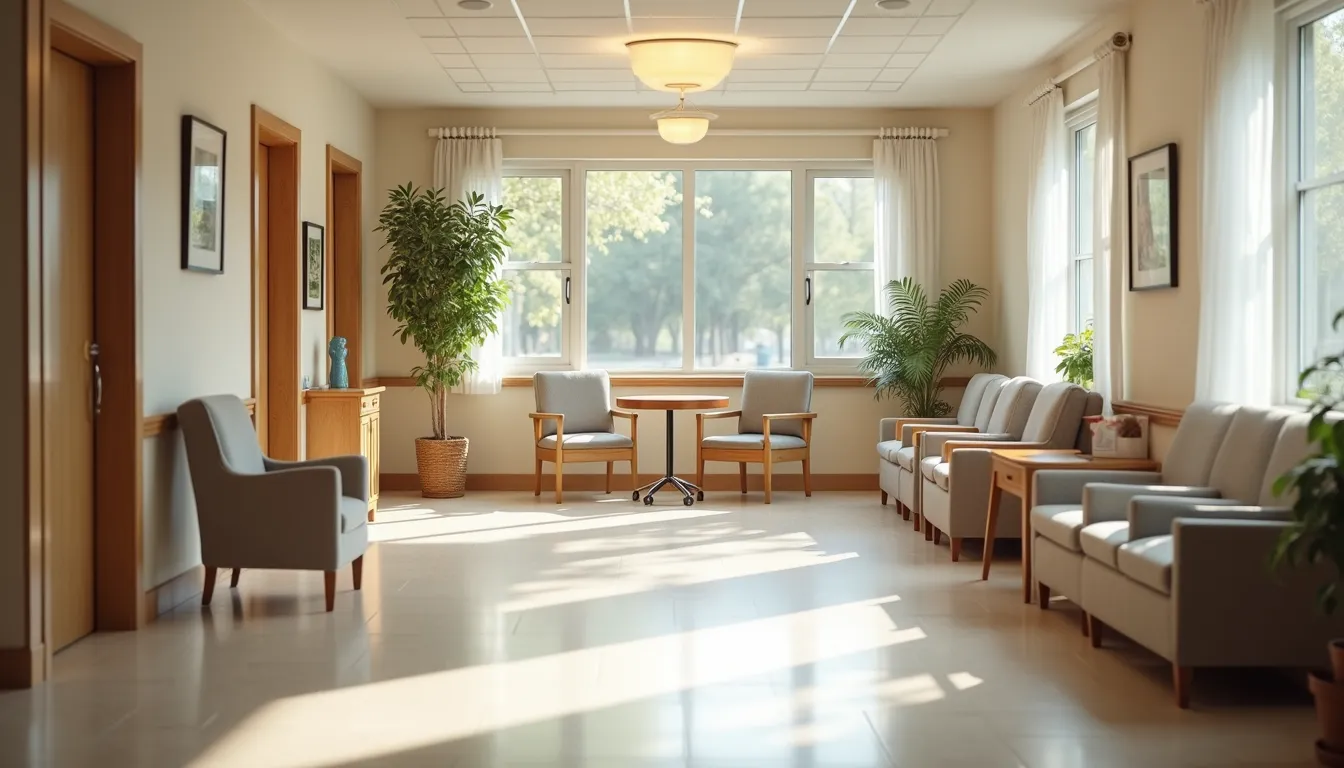 High angle view of a nursing home common area with clean floors and arranged furniture