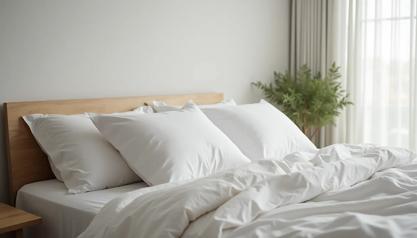 Eye-level view of a cozy bed with organic bedding