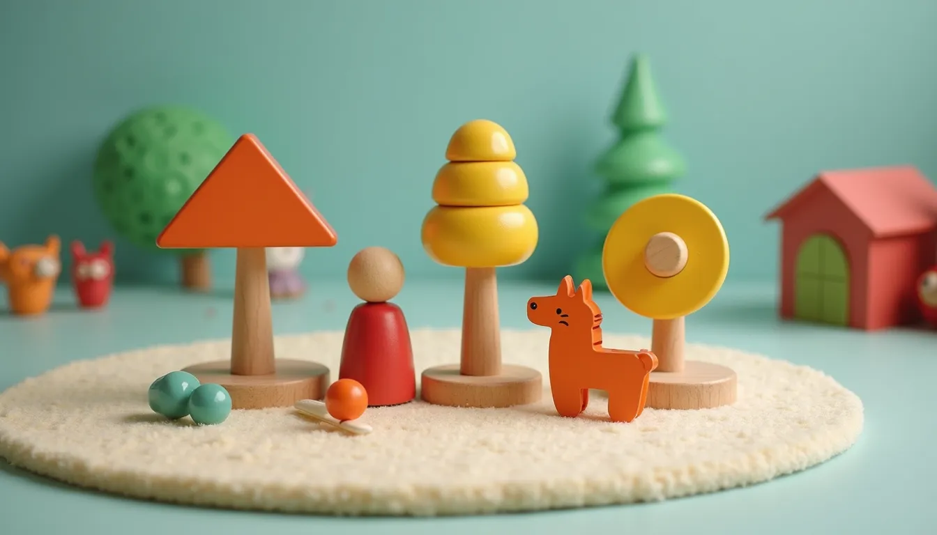 High angle view of a wooden toy set on a play mat