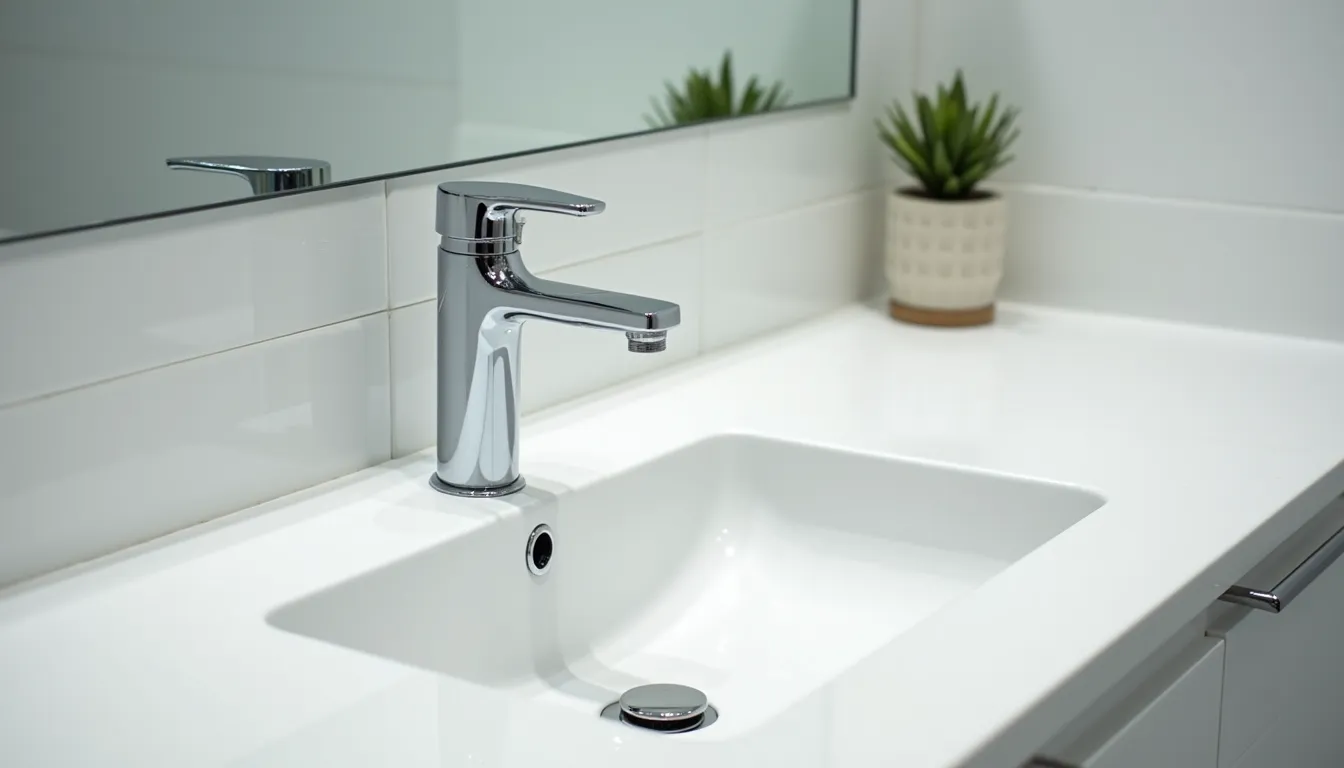 Close-up of a sparkling clean bathroom sink and mirror