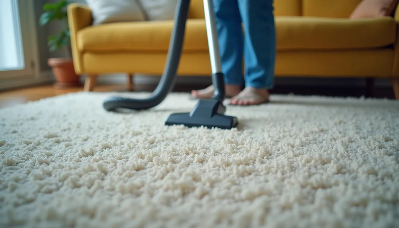 High angle view of a professional cleaner vacuuming a carpet in a living room