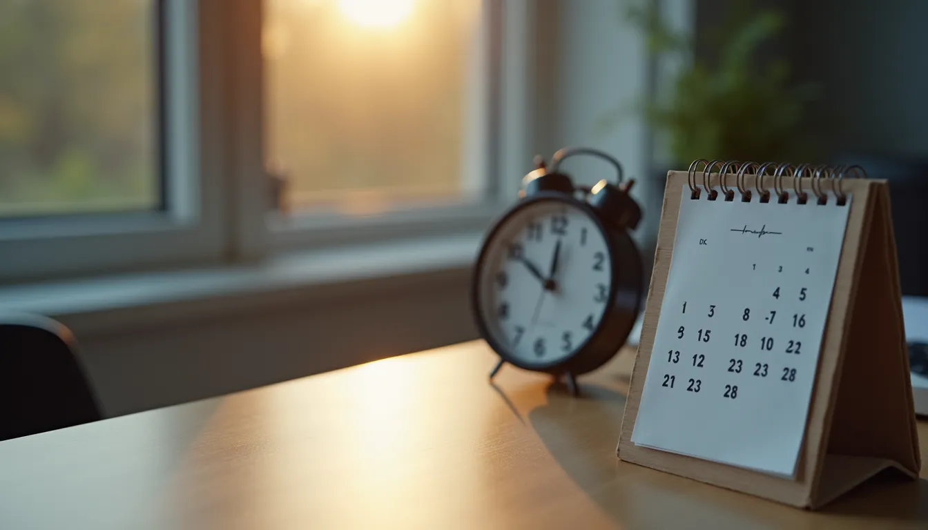 High angle view of a calendar and clock representing scheduling