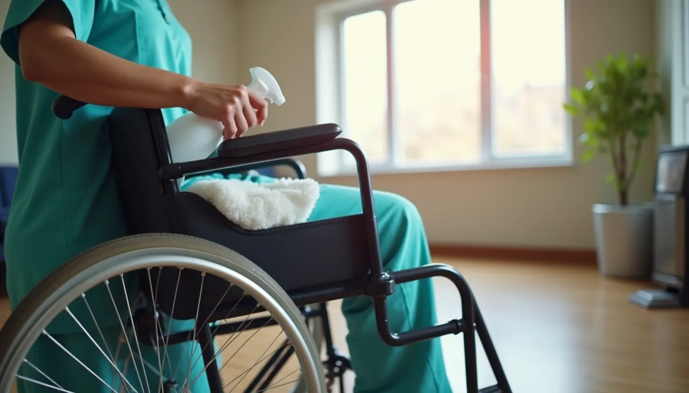Close-up view of a caregiver disinfecting a wheelchair in a nursing home