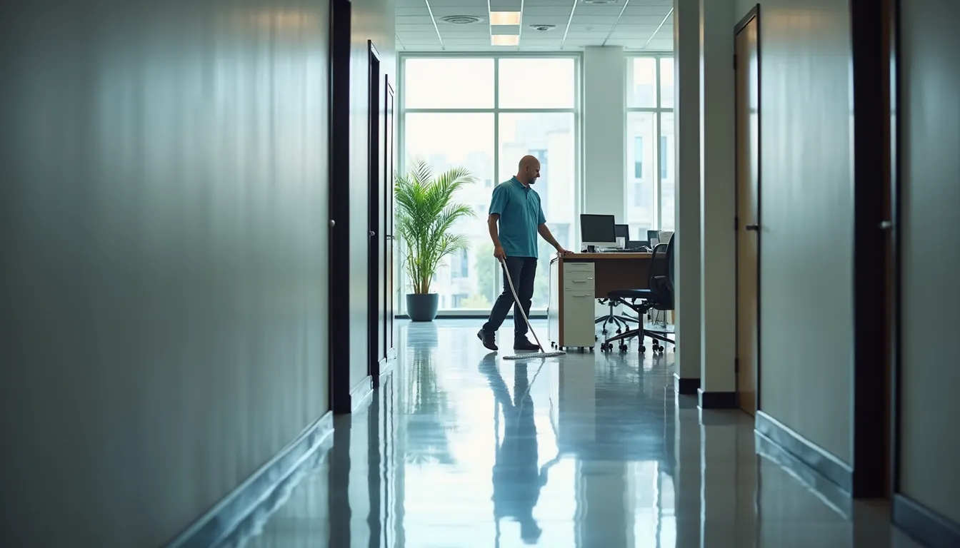 High angle view of a cleaning supervisor inspecting a freshly cleaned Dublin office space
