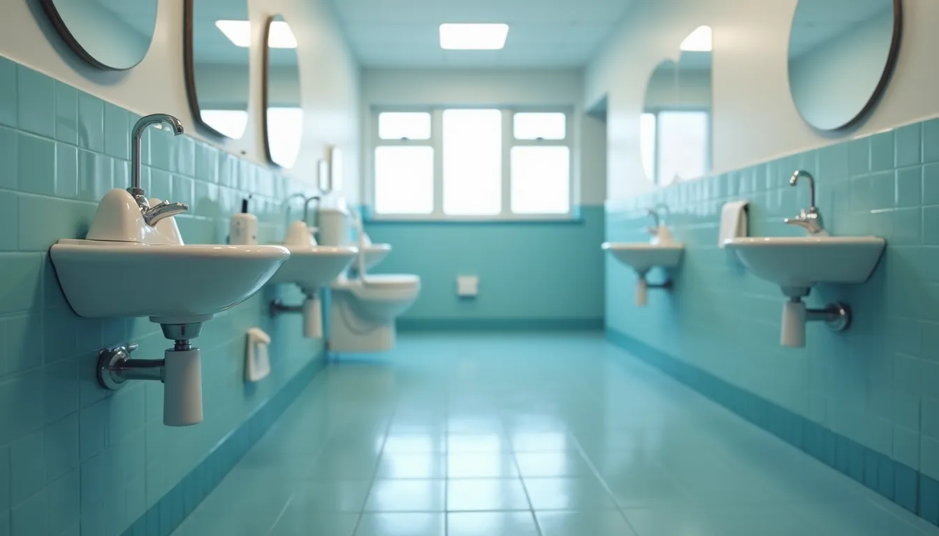Close-up view of a disinfected nursing home bathroom with shiny fixtures and clean surfaces