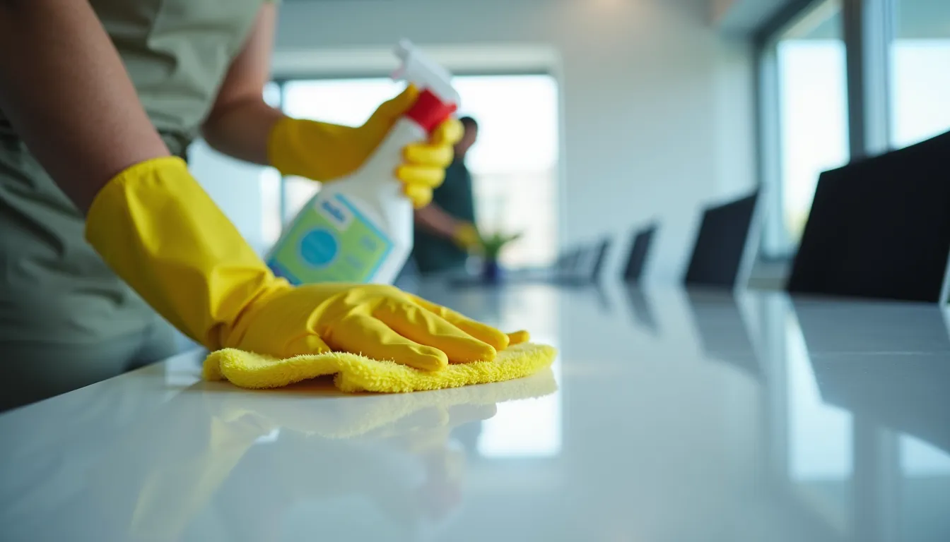 Close-up view of cleaning staff sanitising a Dublin office desk