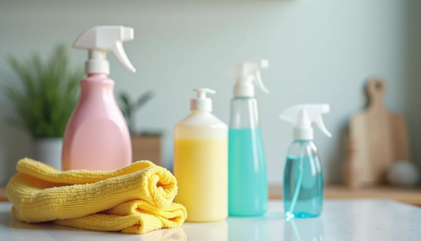 Close-up view of cleaning supplies arranged neatly on a countertop