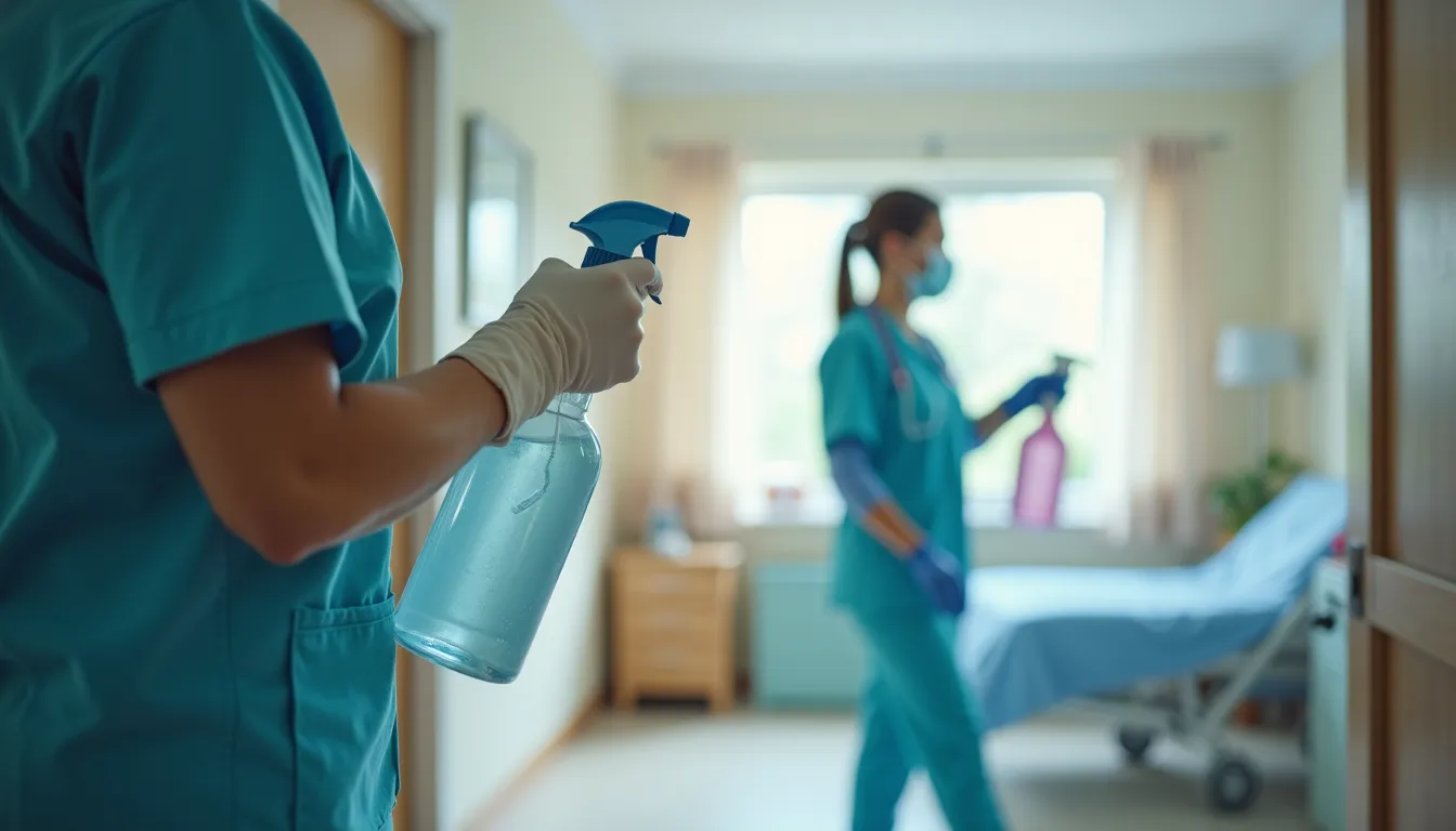 Close-up view of a staff member disinfecting a nursing home room with cleaning supplies