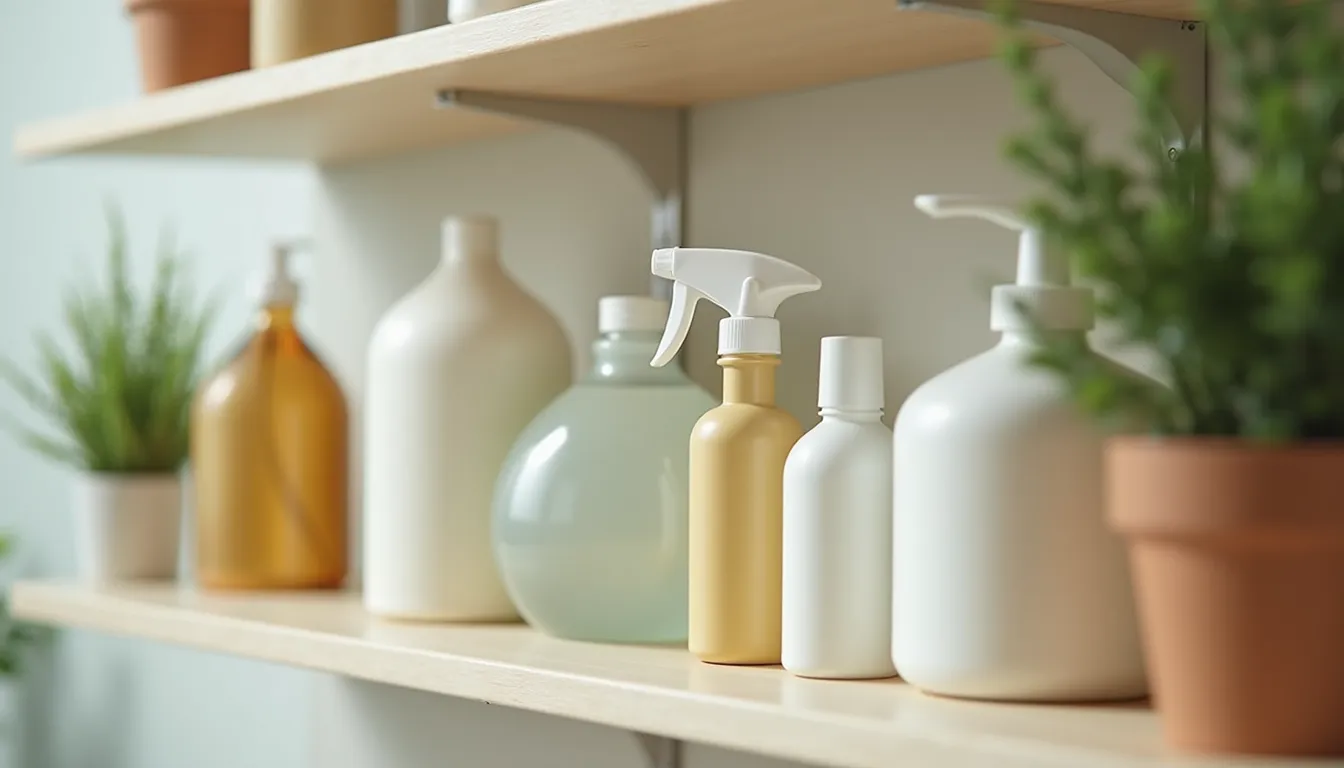 Close-up of eco-friendly cleaning products arranged on a shelf