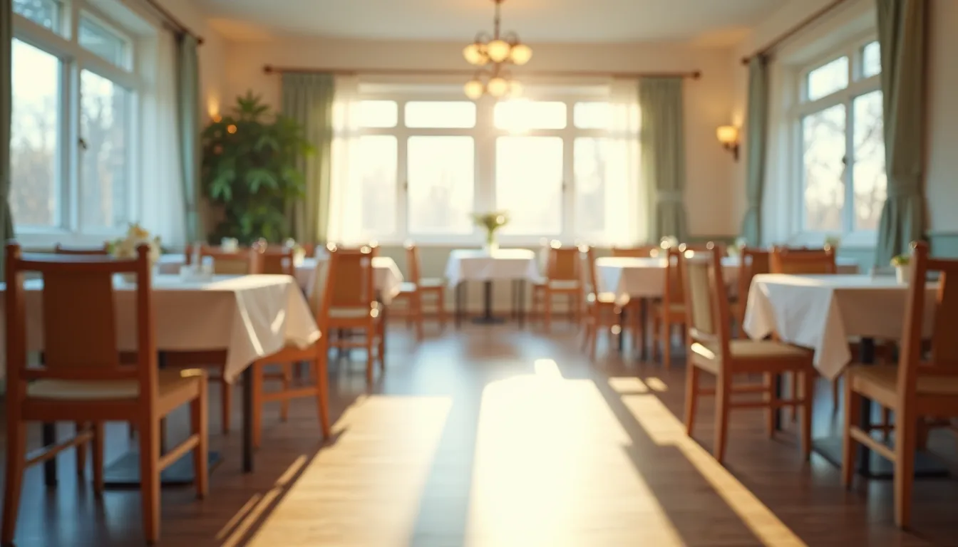 High angle view of a nursing home dining area with clean tables and chairs arranged neatly