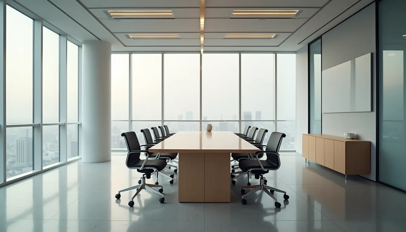 High angle view of a clean and organised Dublin office meeting room