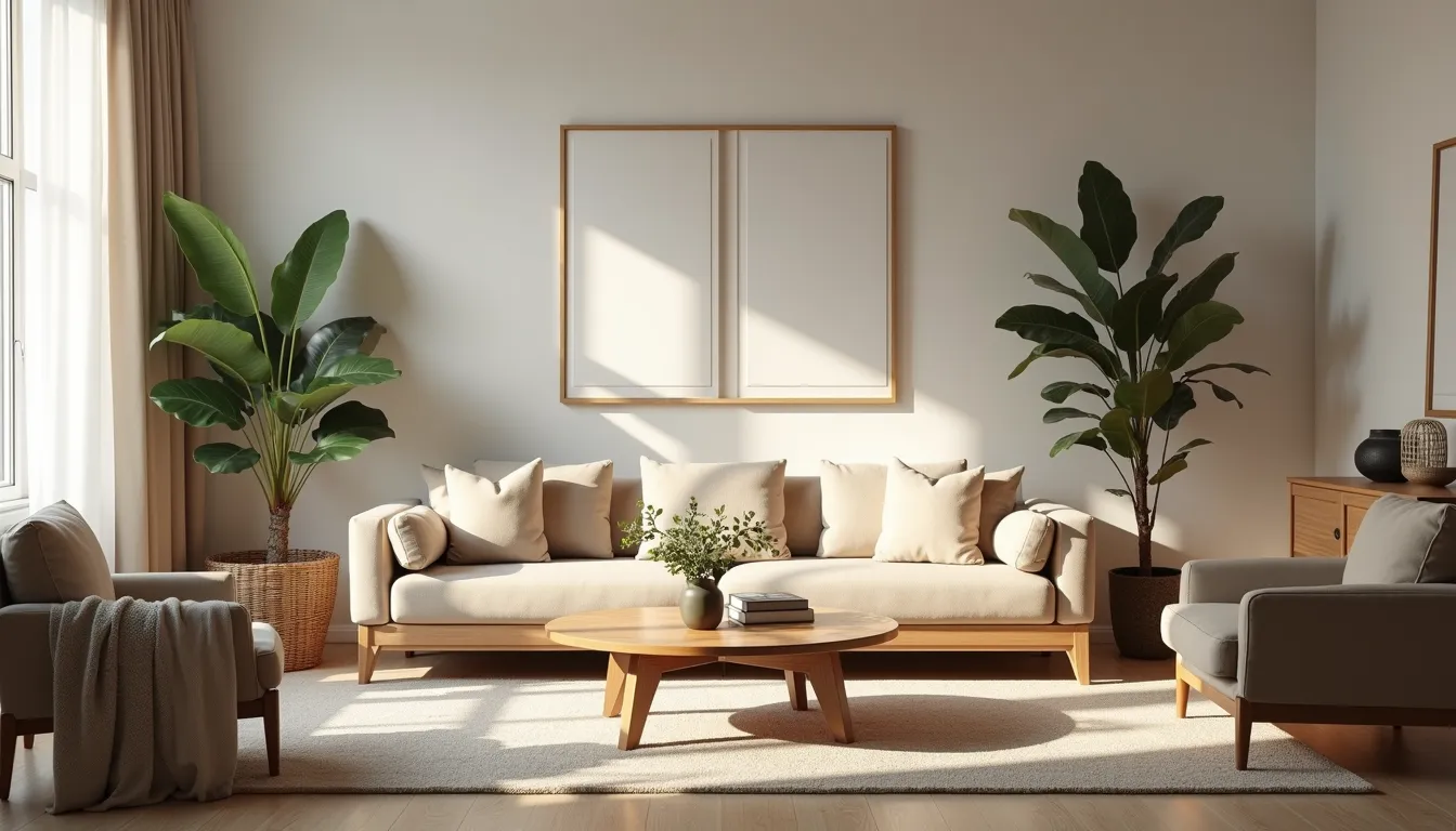 Eye-level view of a cozy living room with warm lighting