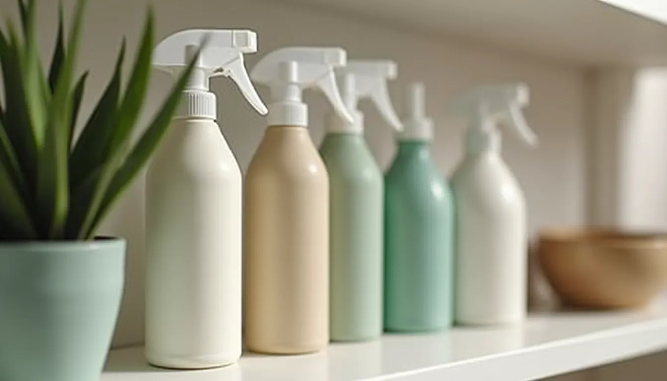 Close-up of eco-friendly cleaning products arranged on a shelf in a Dublin home