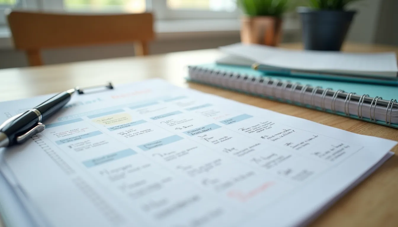 High angle view of a cleaning checklist and calendar on a table