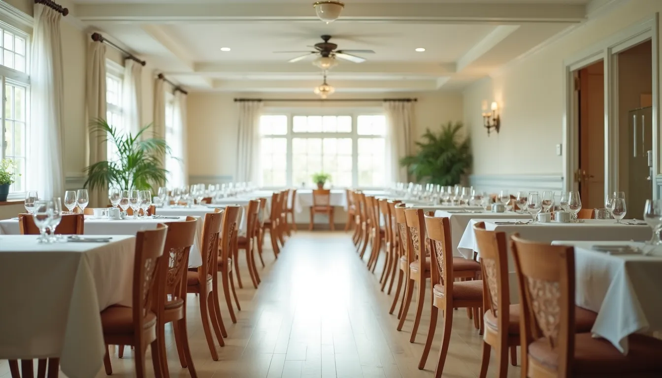 High angle view of a bright and tidy nursing home dining area with neatly arranged tables