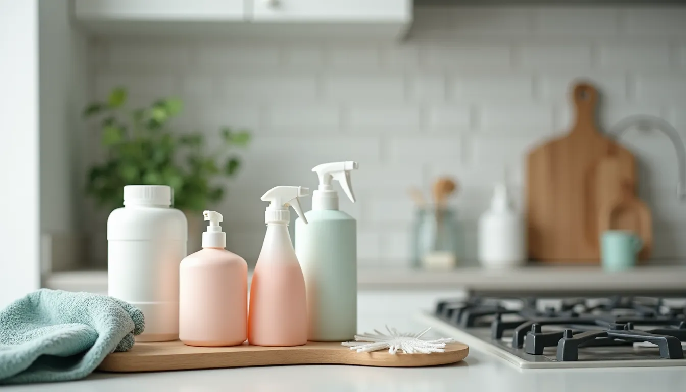 Close-up view of cleaning supplies arranged neatly on a countertop
