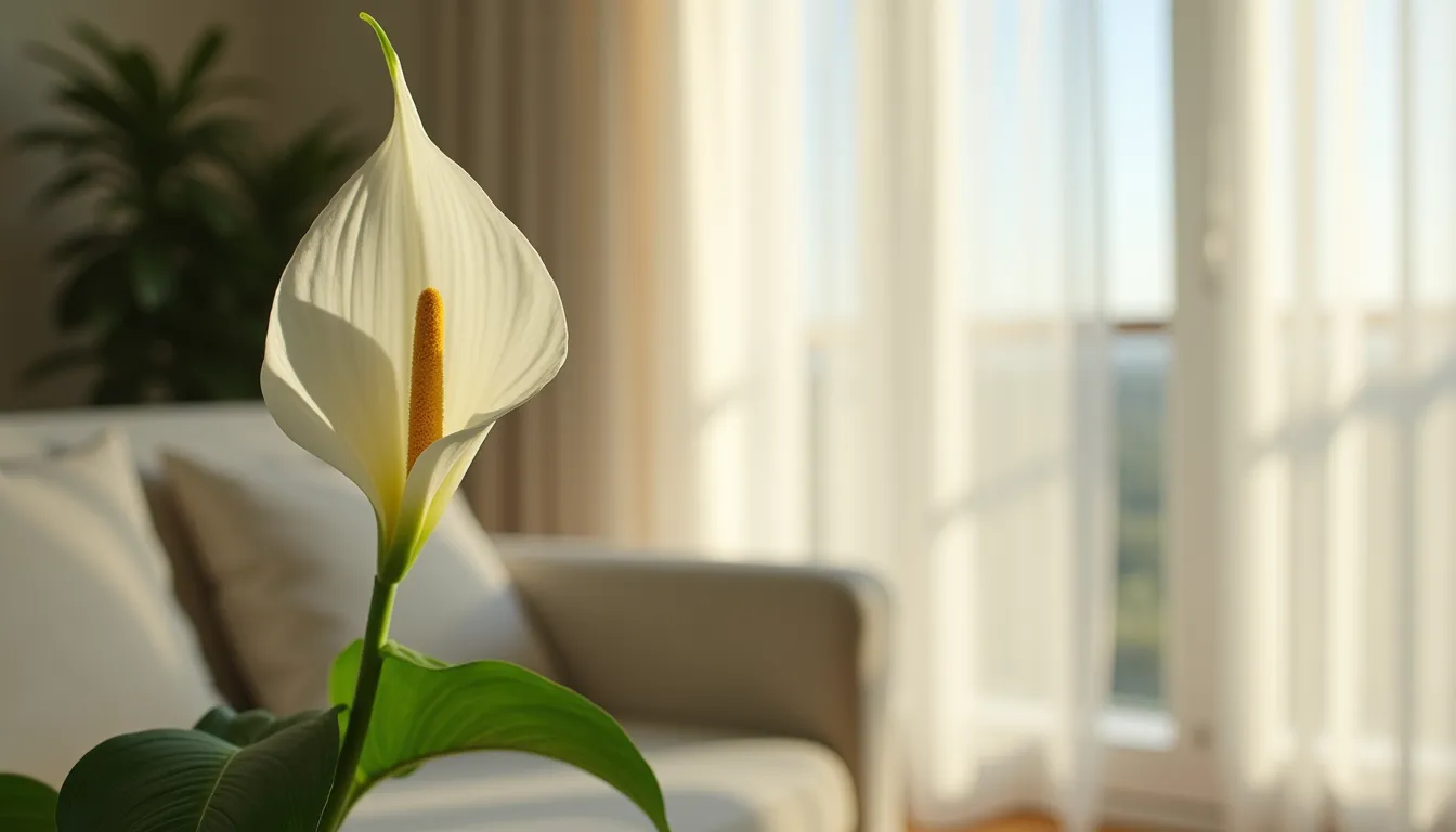 Eye-level view of a peace lily in a bright living room