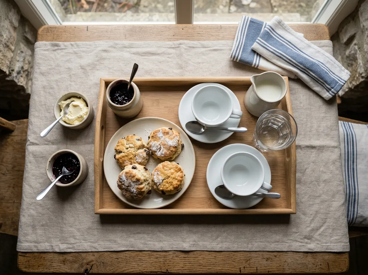 Overhead view of a tea tray with cups, water glasses, and fresh scones on a linen cloth
