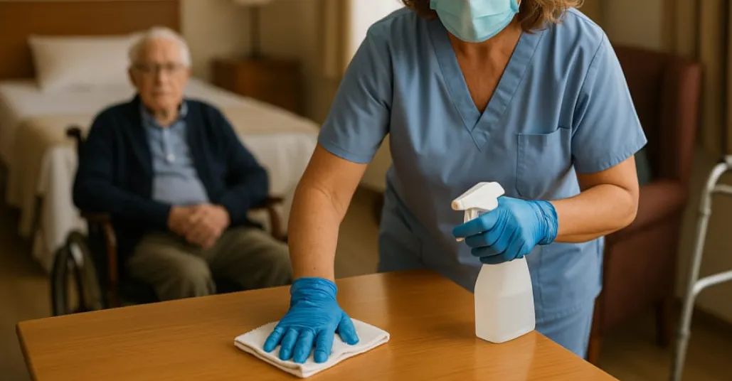 Eye-level view of a nursing home hallway with clean floors and handrails