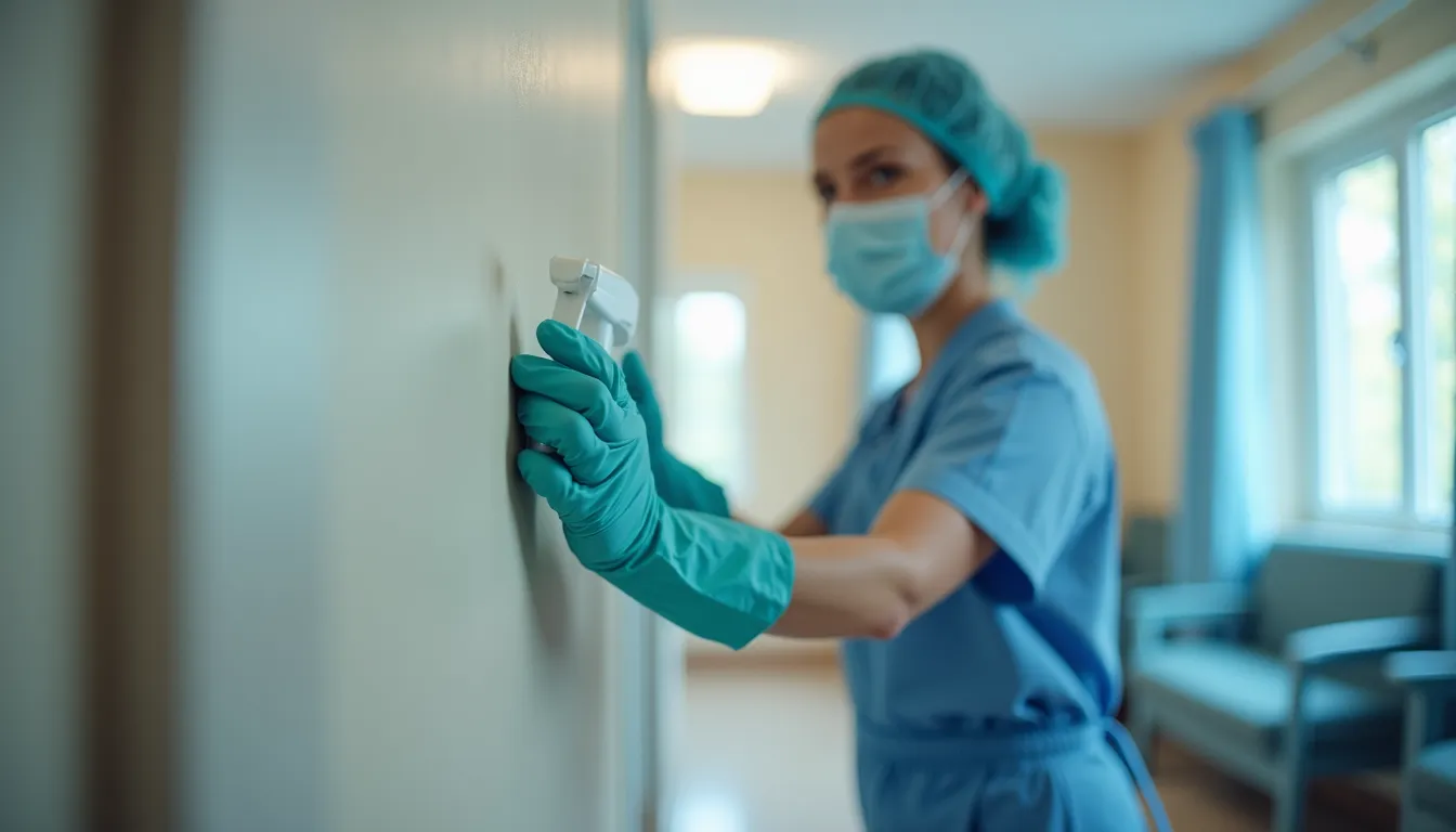 Close-up view of a cleaning staff member disinfecting a nursing home room