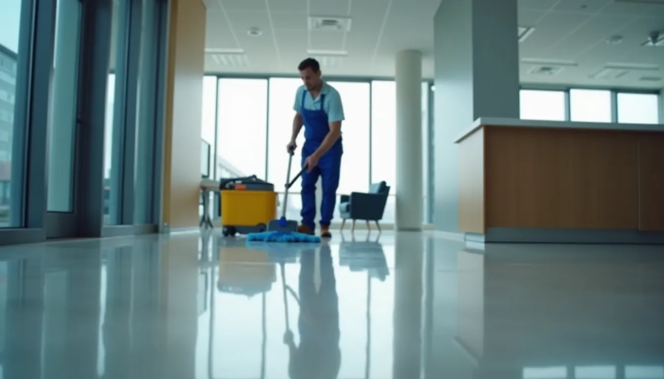 Eye-level view of a janitor cleaning a polished office floor with a mop