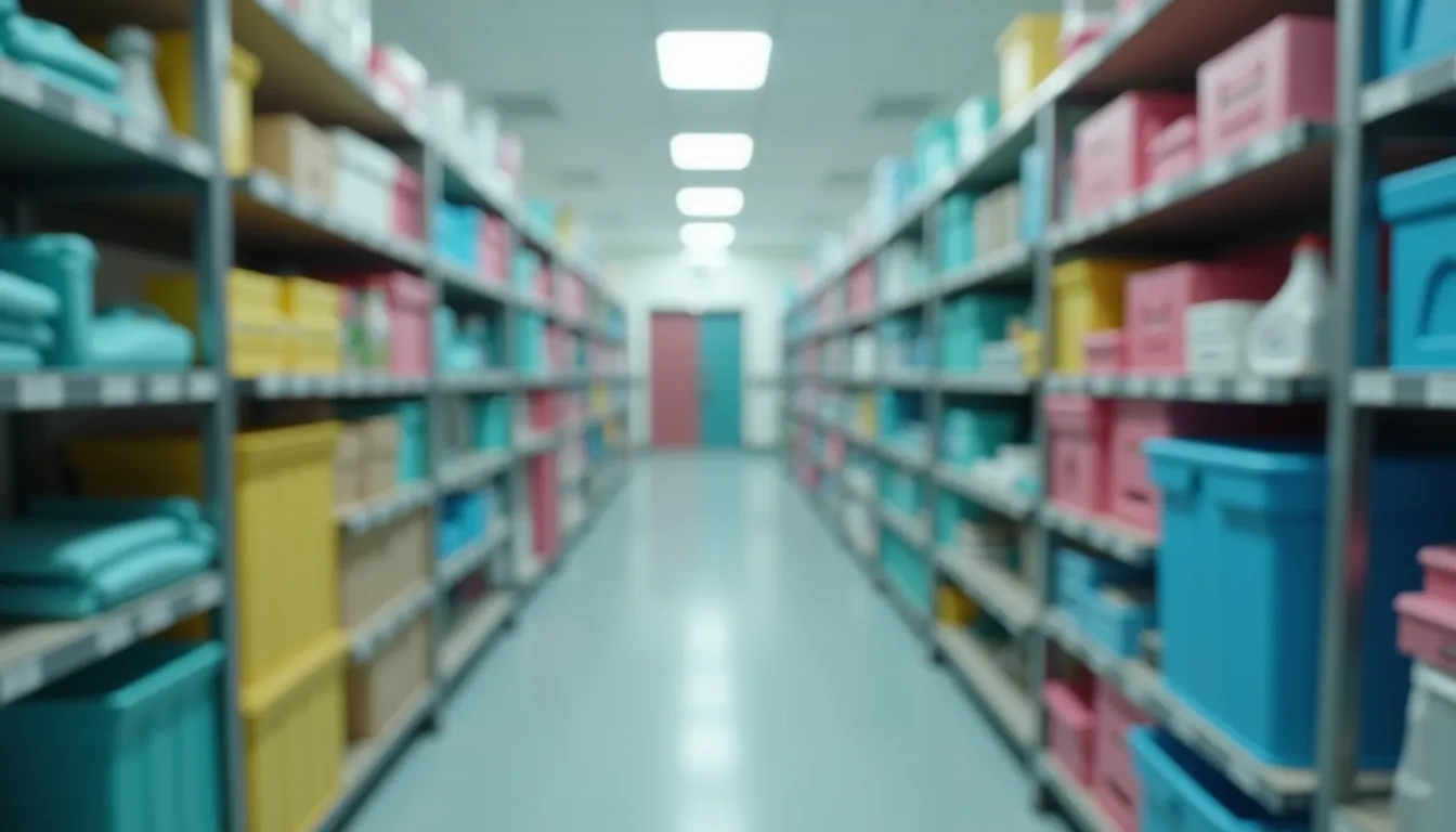 High-angle view of color-coded cleaning supplies arranged neatly in a nursing home storage room