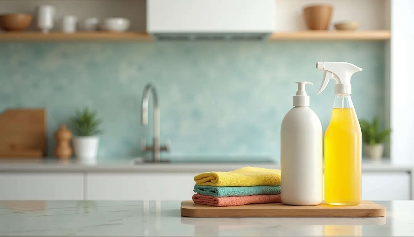 Close-up of eco-friendly cleaning products and microfiber cloths arranged on a countertop
