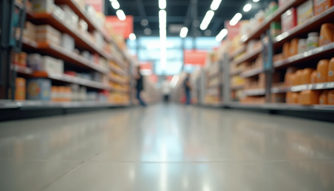 Eye-level view of a bright, clean retail store aisle with polished floors and organized shelves