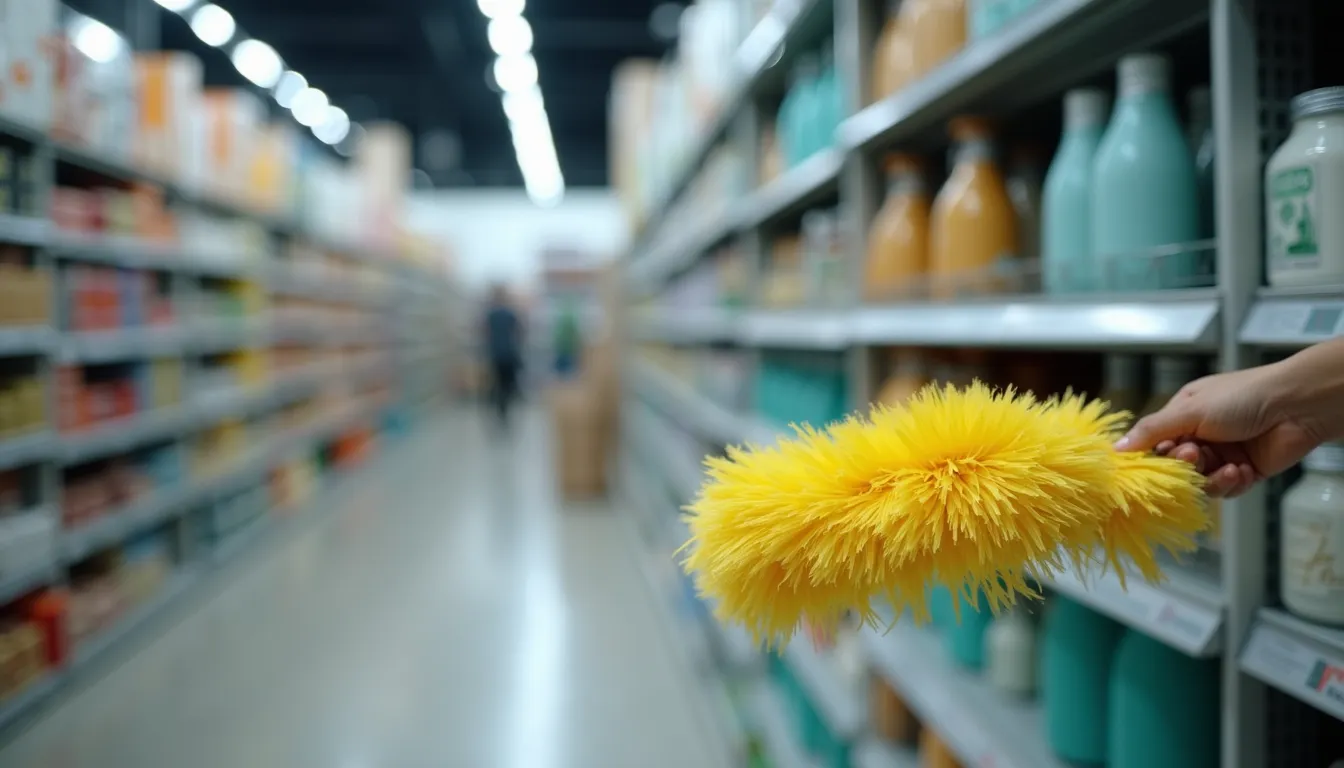 Close-up view of a retail store shelf being dusted and organized