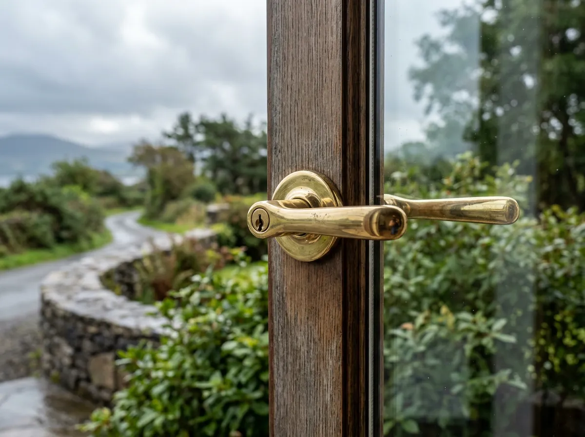 Close-up view of a polished brass door handle beside a clean glass panel