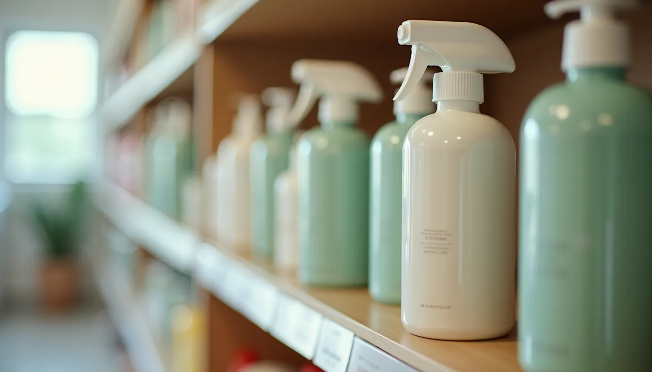 Close-up view of a refillable cleaning spray bottle labeled eco-friendly on an office shelf